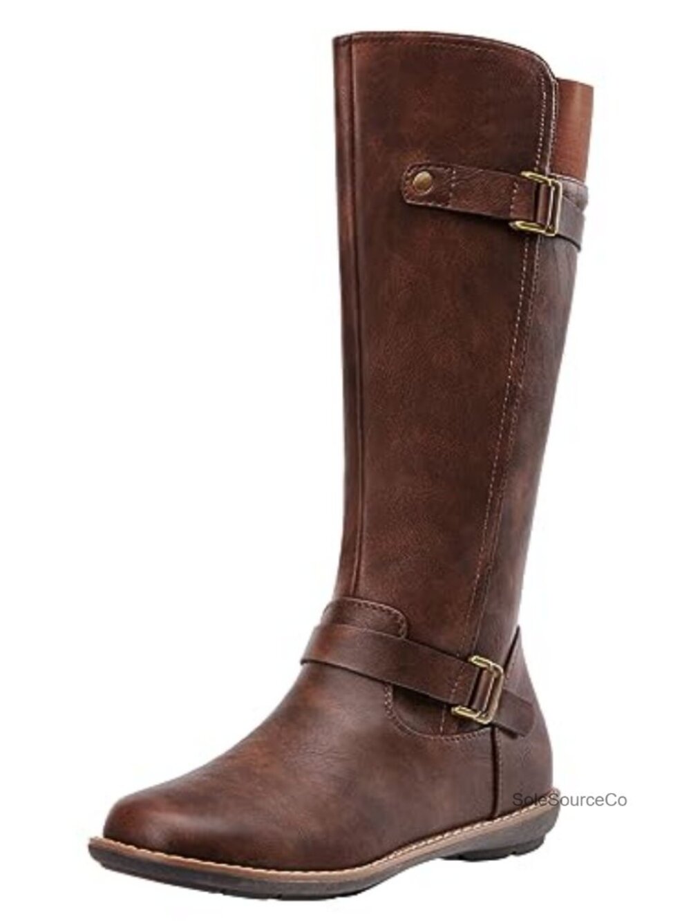 Women's Knee High Flat Riding Boots with Side Zipper & Buckle Straps